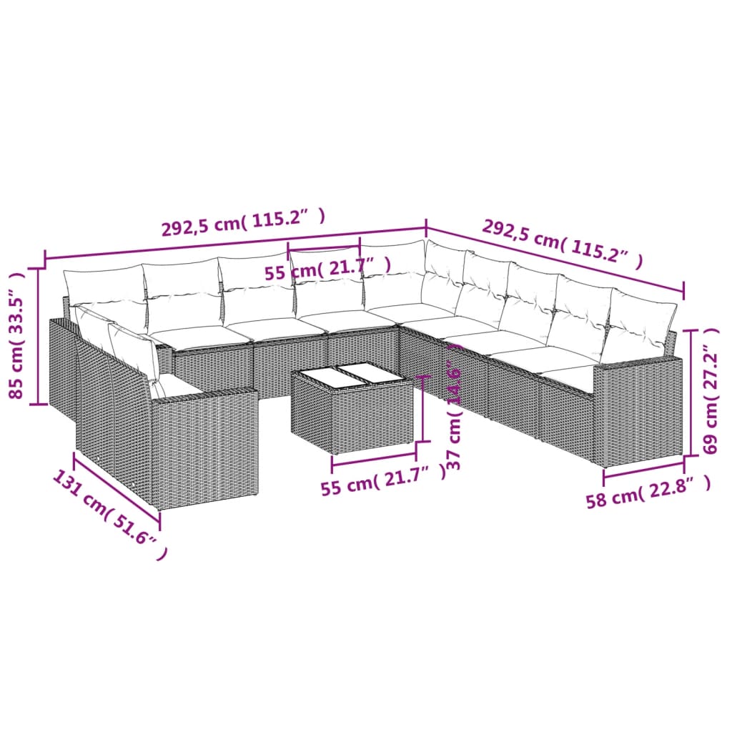 vidaXL 12-delige Loungeset met kussens poly rattan beige