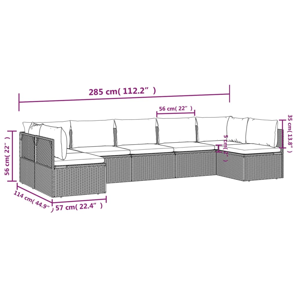 vidaXL 7-delige Loungeset met kussens poly rattan grijs