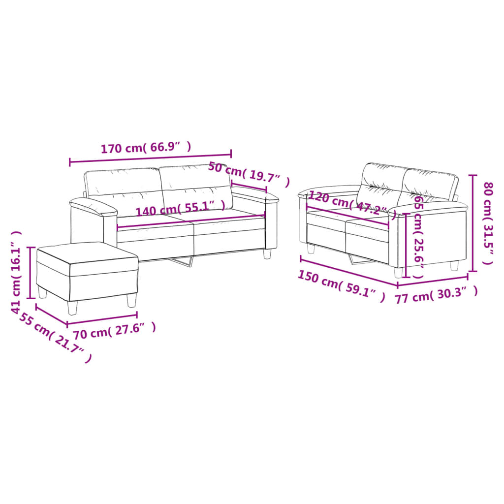 vidaXL 3-delige Loungeset met kussens kunstleer grijs