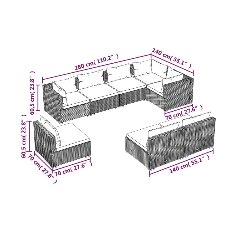 vidaXL 8-delige Loungeset met kussens poly rattan bruin