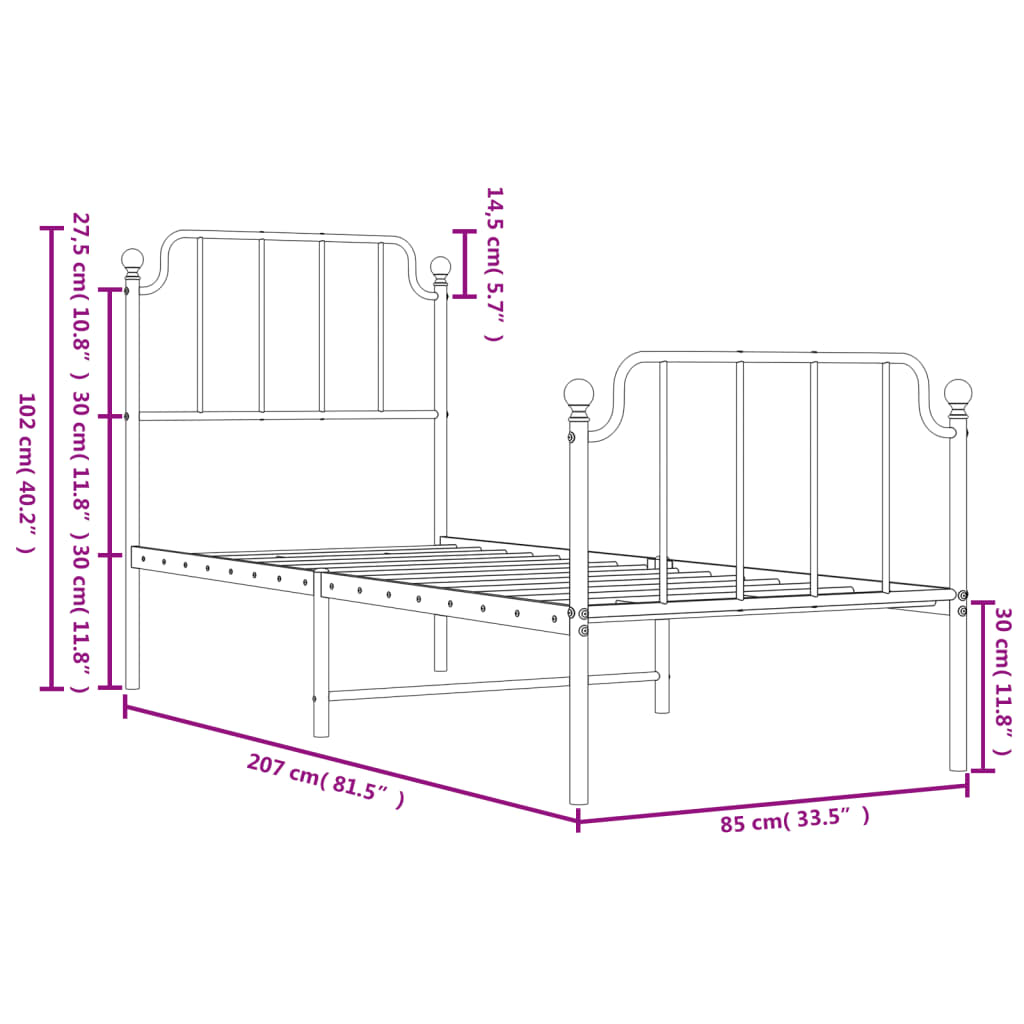 vidaXL Bedframe met hoofd- en voeteneinde metaal zwart 80x200 cm