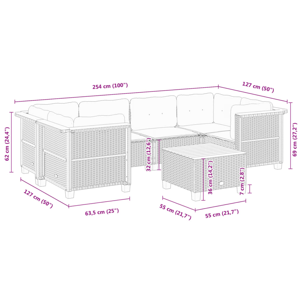 vidaXL 7-delige Loungeset met kussens poly rattan grijs