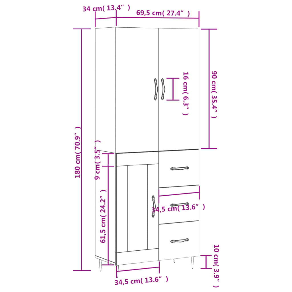 vidaXL Hoge kast 69,5x34x180 cm bewerkt hout hoogglans wit