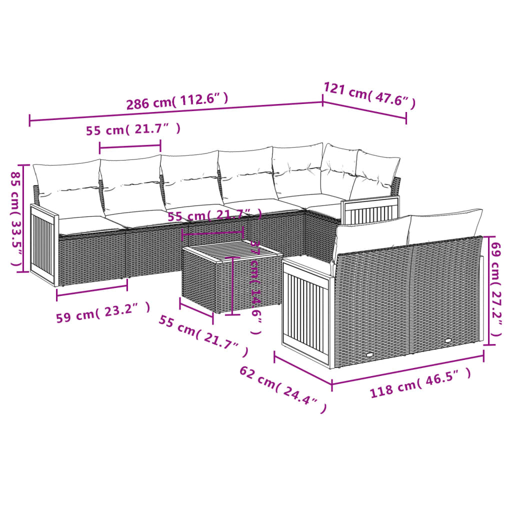 vidaXL 9-delige Loungeset met kussens poly rattan zwart