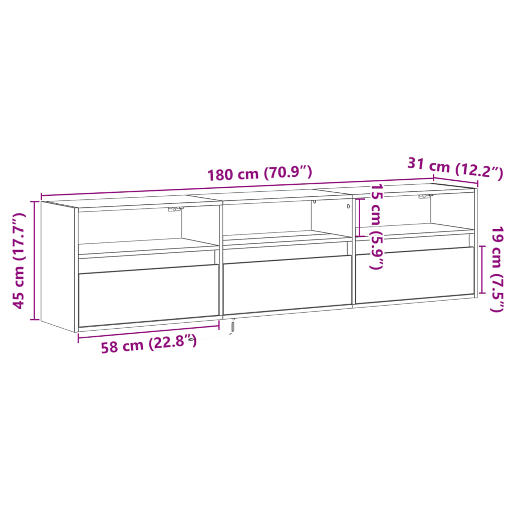 vidaXL Tv-wandmeubel met LED-verlichting 180x31x45 cm grijs sonoma