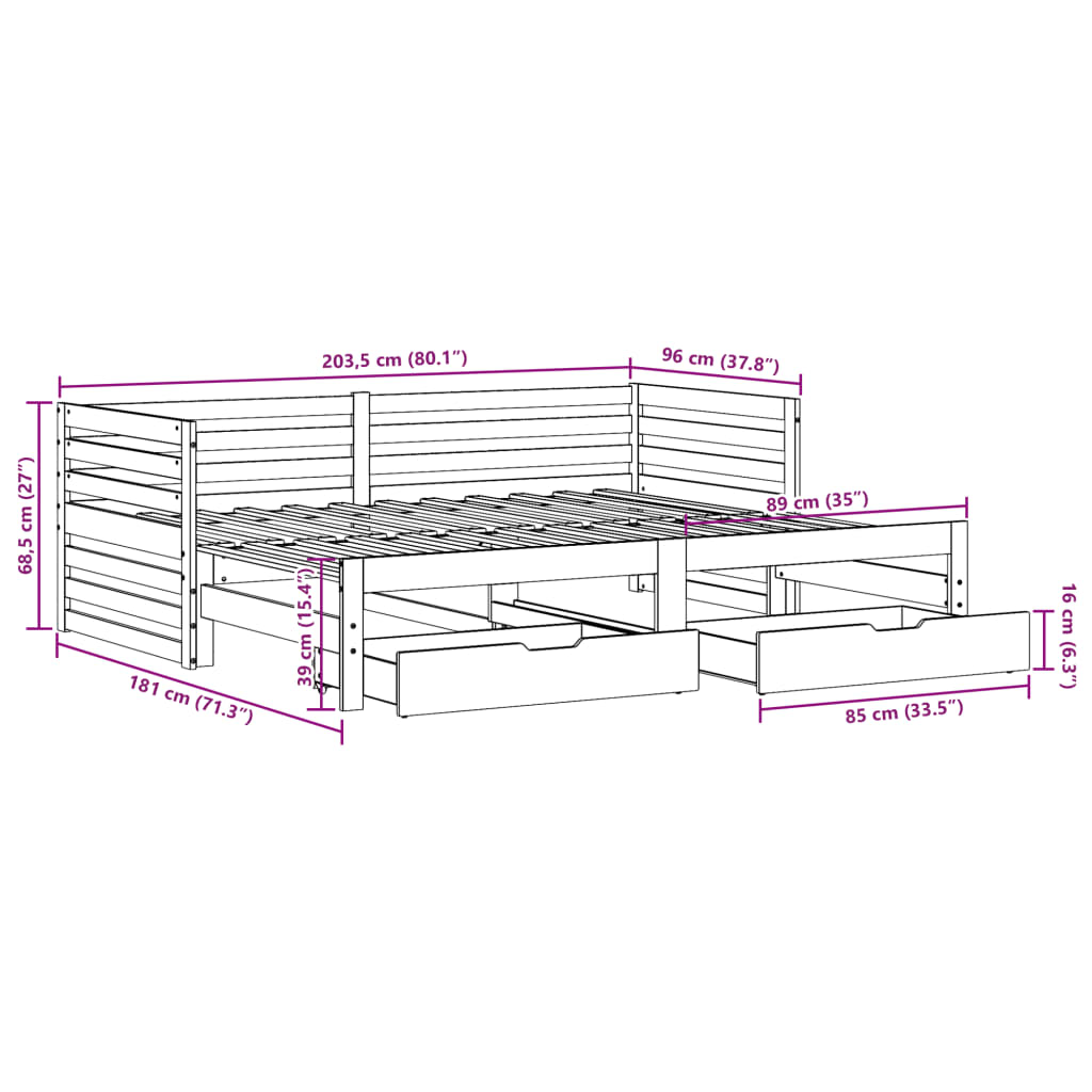 vidaXL Slaapbank met lades 90x200 cm massief grenenhout wit