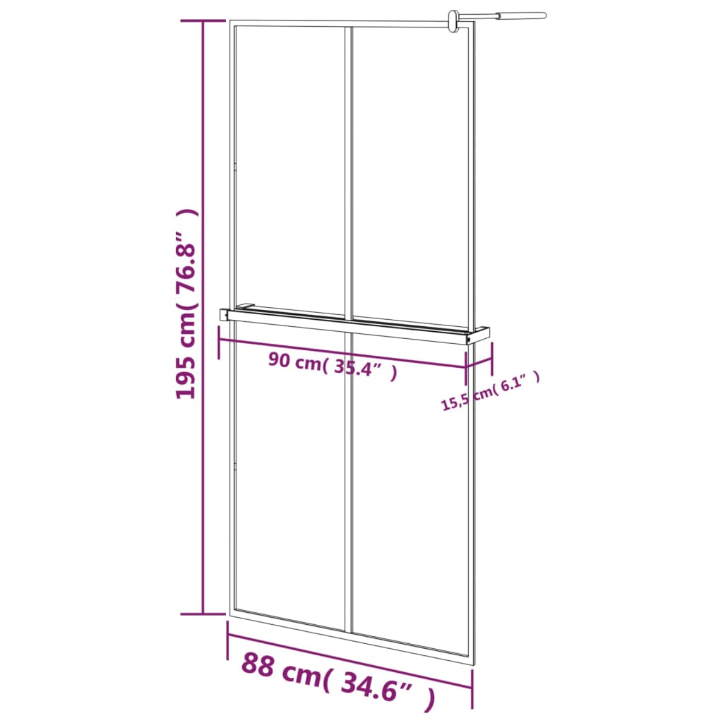 vidaXL Inloopdouchewand met schap 90x195 cm ESG-glas aluminium zwart