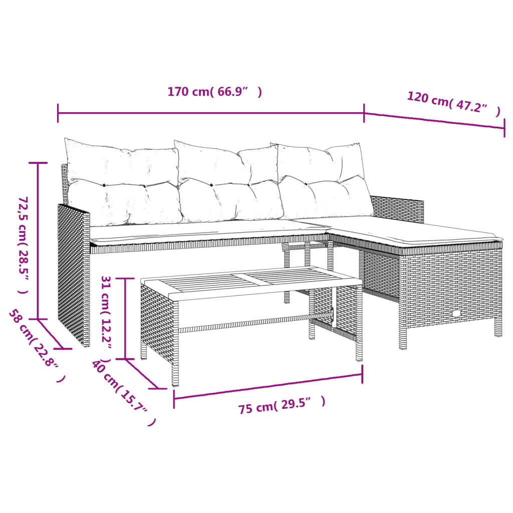 vidaXL Tuinbank met tafel en kussens L-vormig poly rattan beige