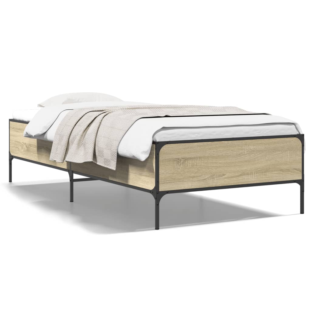 vidaXL Bedframe bewerkt hout en metaal sonoma eikenkleurig 90x200 cm