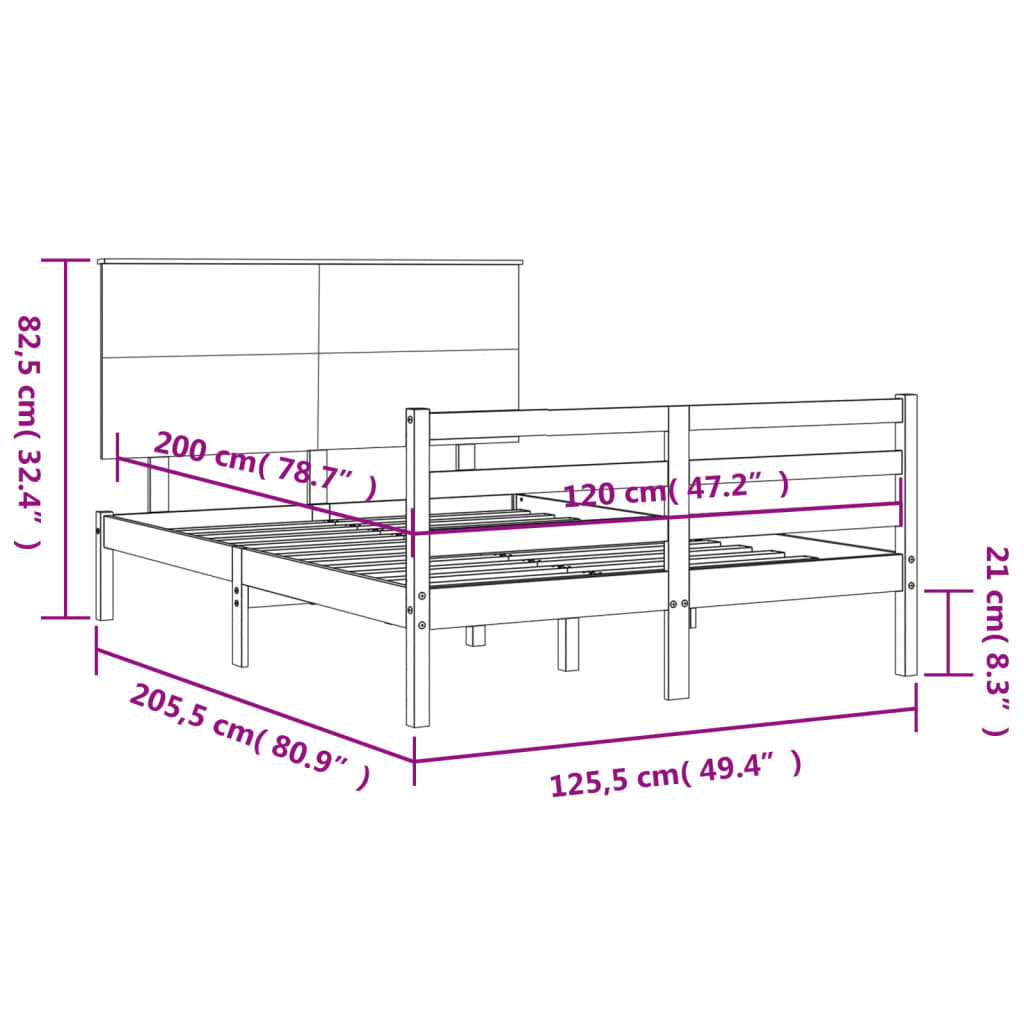 vidaXL Bedframe met hoofdbord massief hout wit 120x200 cm