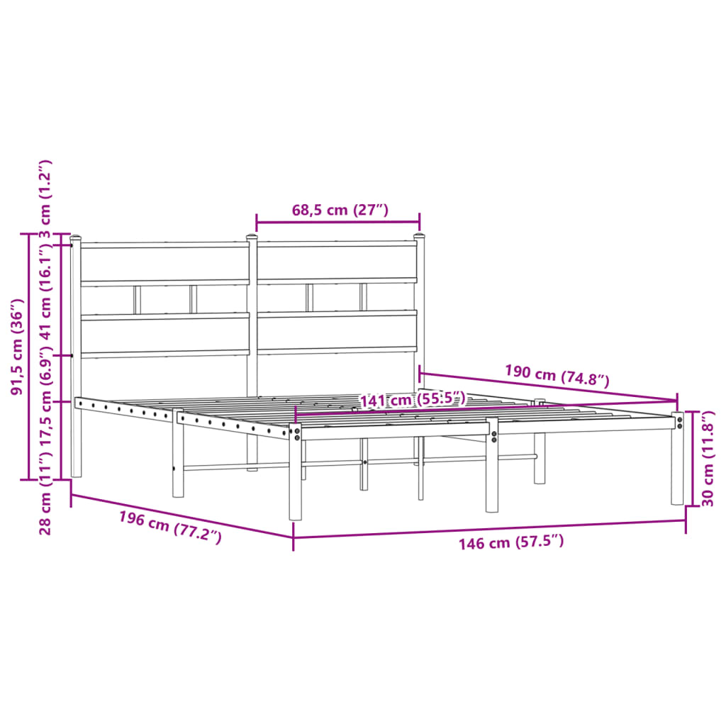 vidaXL Bedframe met hoofdbord zonder matras bruin eiken 140x190 cm