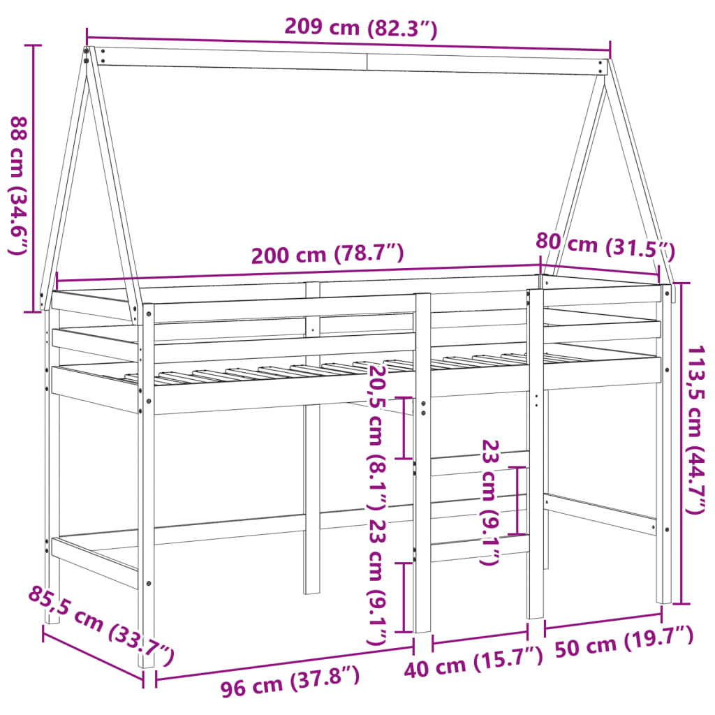 vidaXL Halfhoogslaper met ladder en bedhuis grenenhout wit 80x200 cm