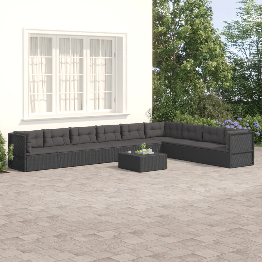 vidaXL 9-delige Loungeset met kussens poly rattan zwart