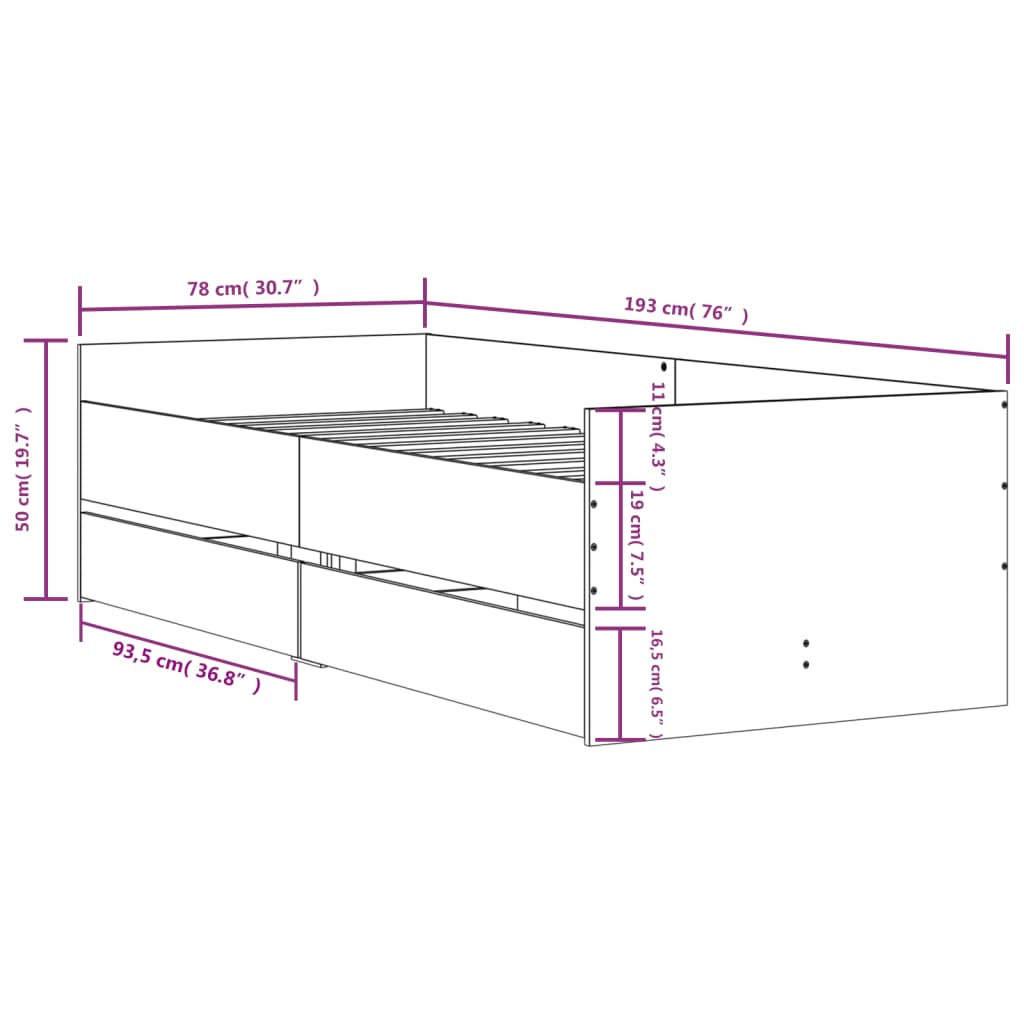 vidaXL Bedframe met lades wit 75x190 cm Small Single