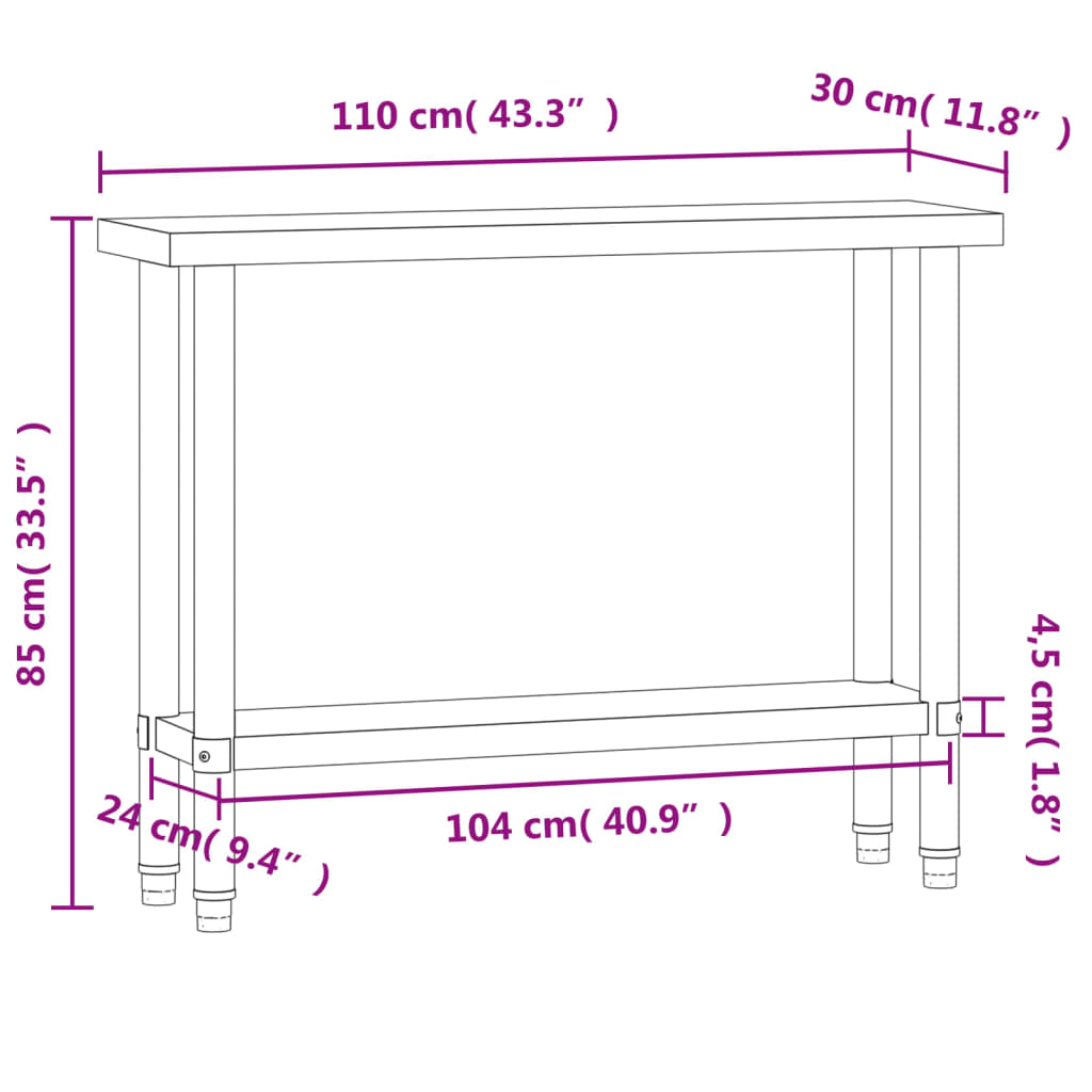 vidaXL Keukenwerktafel 110x30x85 cm roestvrij staal