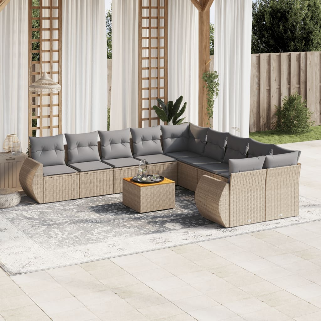 vidaXL 11-delige Tuinset met kussens poly rattan beige