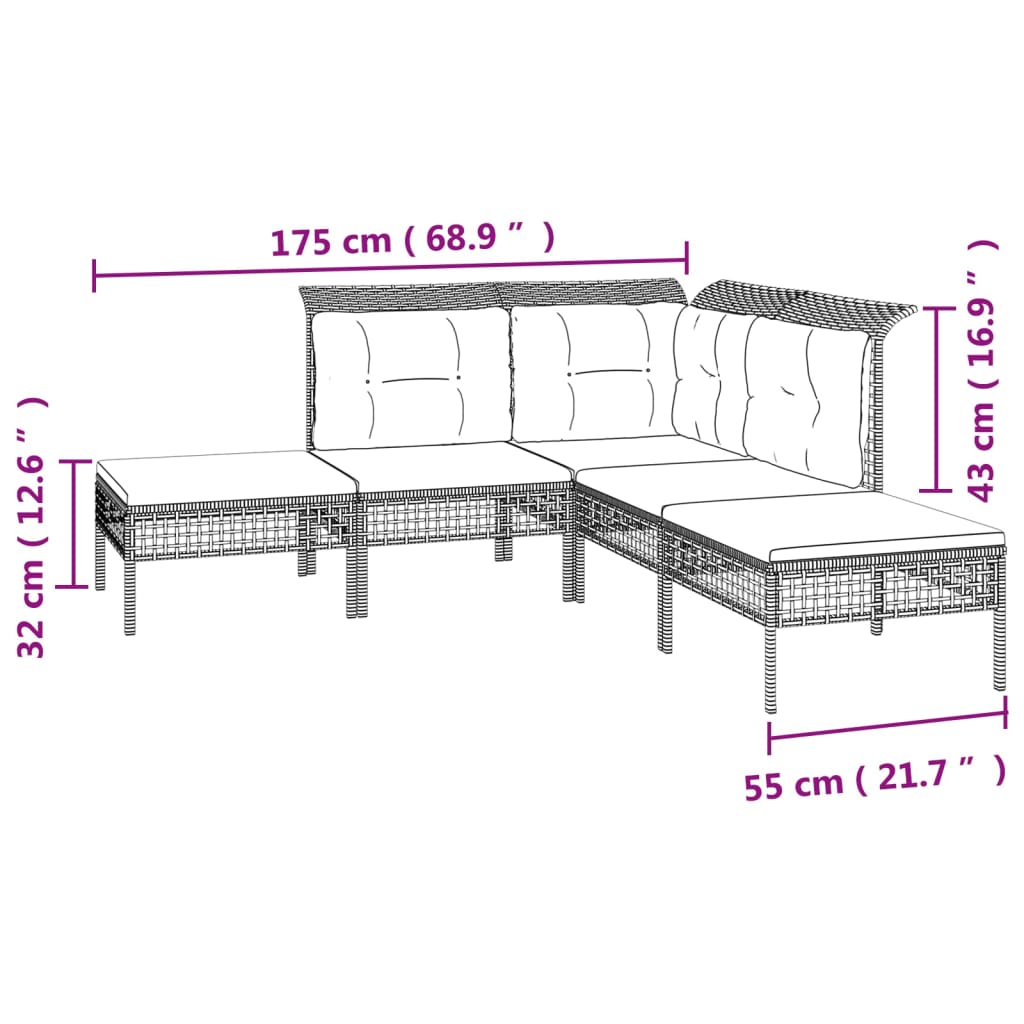 vidaXL 5-delige Loungeset met kussens poly rattan grijs