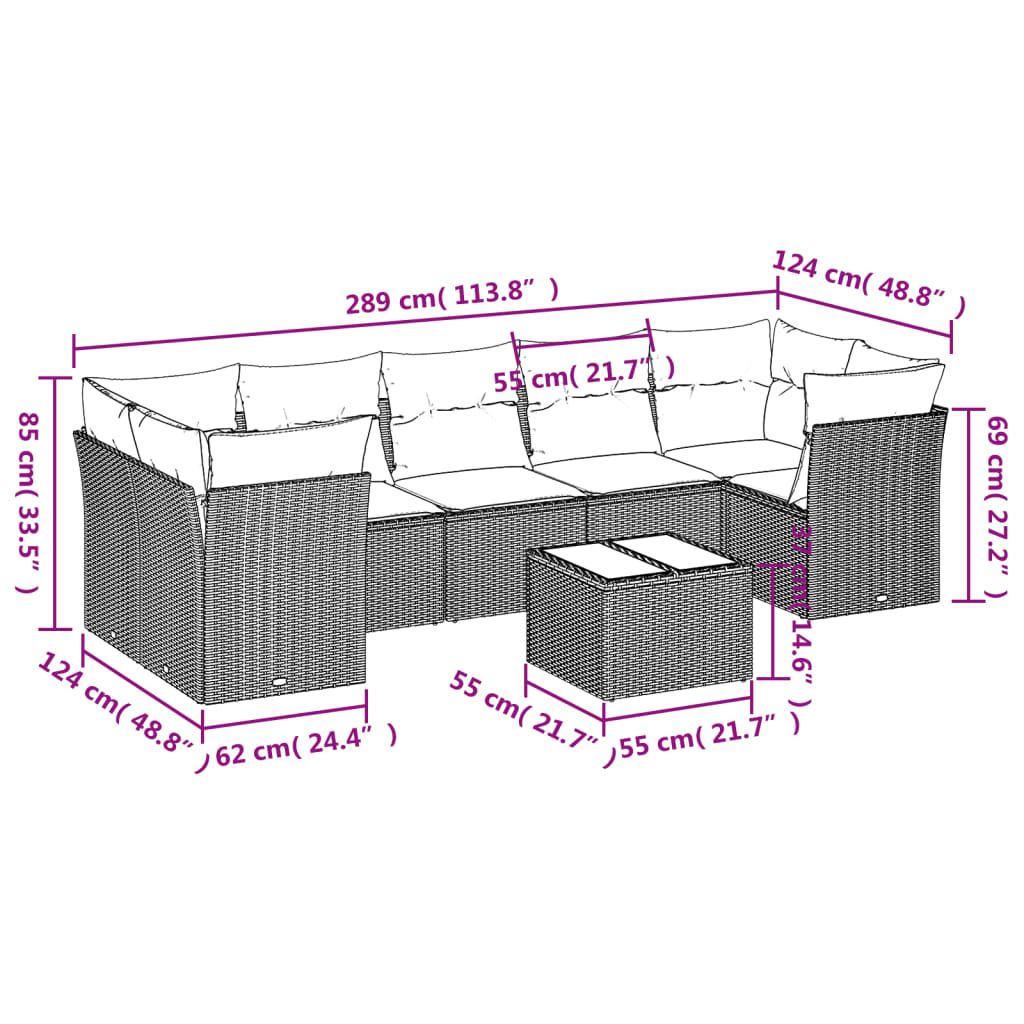 vidaXL 8-delige Loungeset met kussens poly rattan lichtgrijs