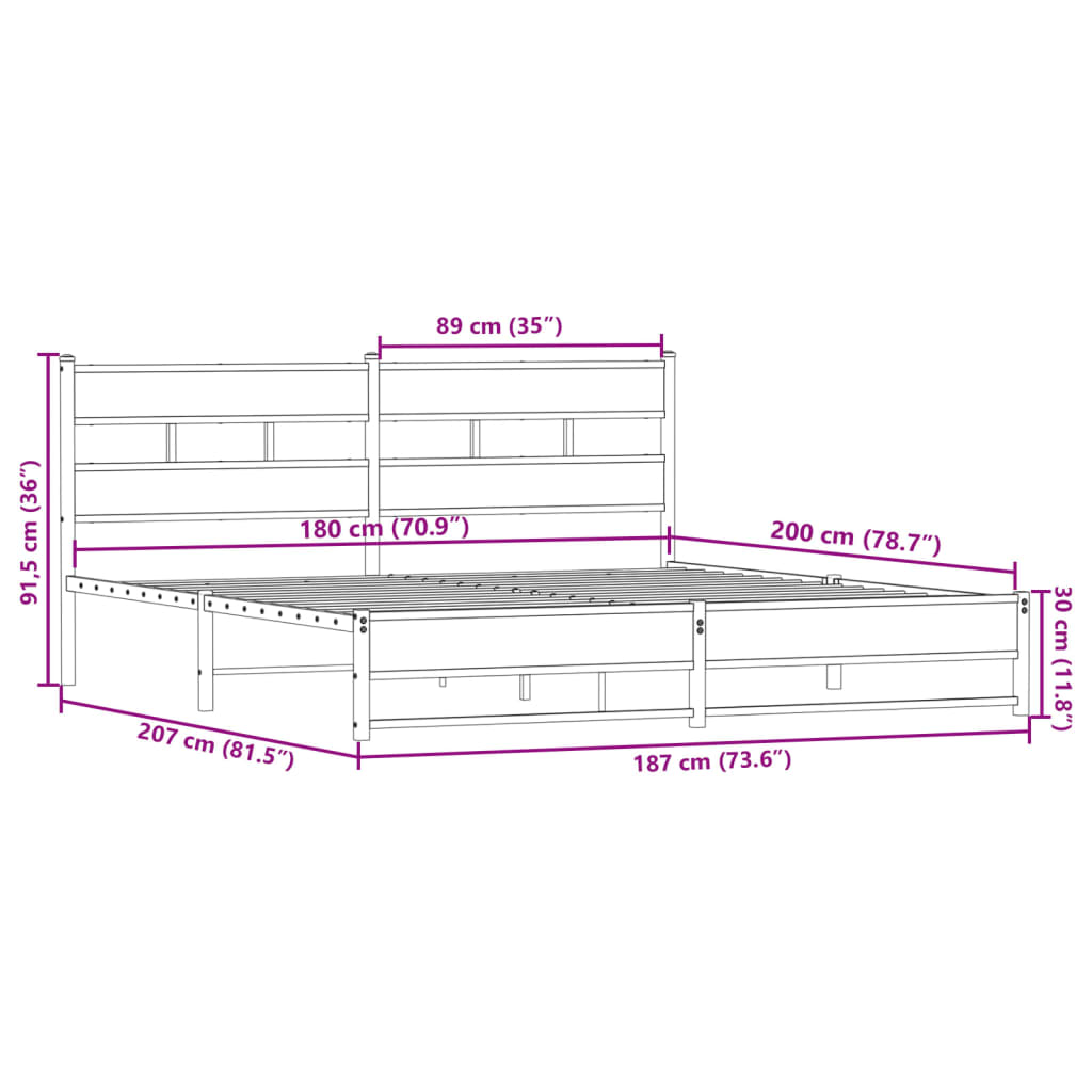 vidaXL Bedframe zonder matras metaal gerookt eikenkleurig 180x200 cm