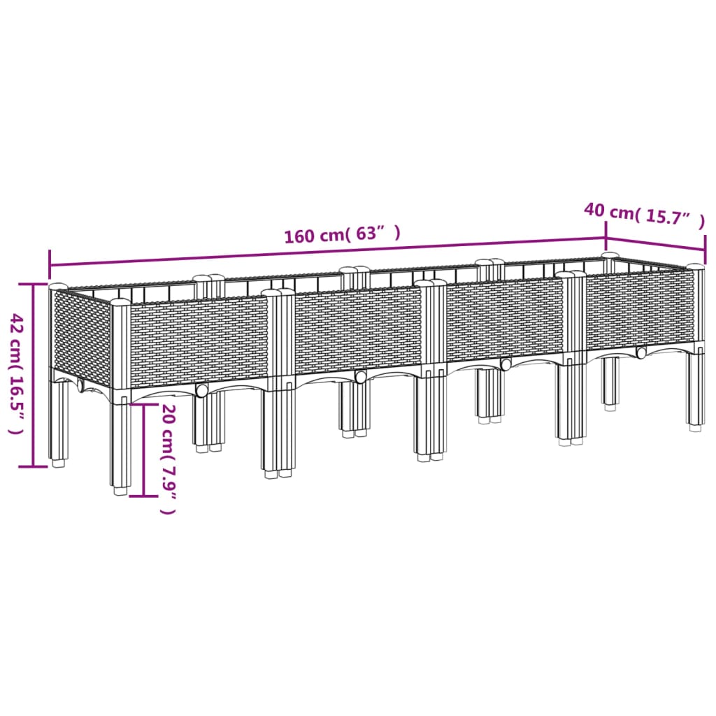 vidaXL Plantenbak met poten 160x40x42 cm polypropeen lichtgrijs