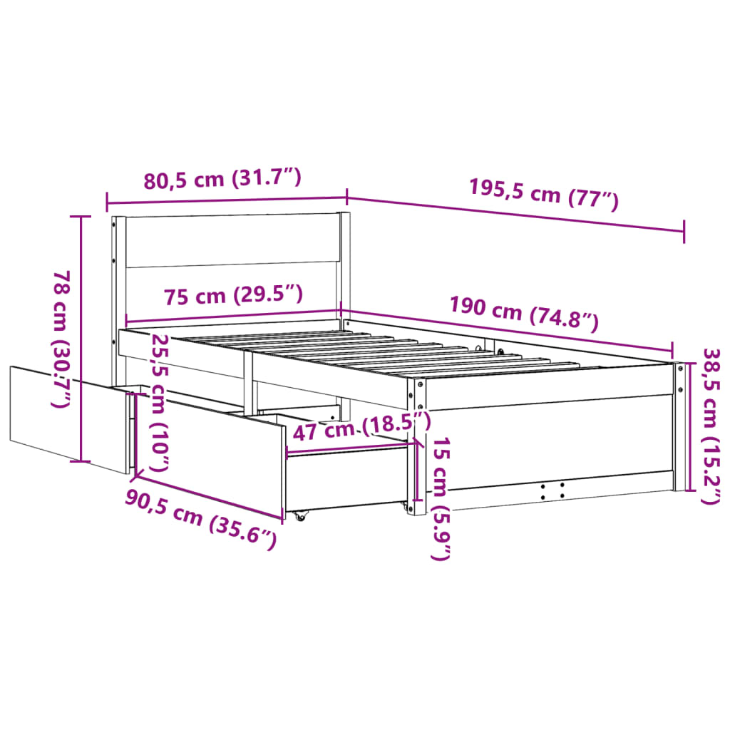 vidaXL Bedframe zonder matras massief grenenhout wit 75x190 cm