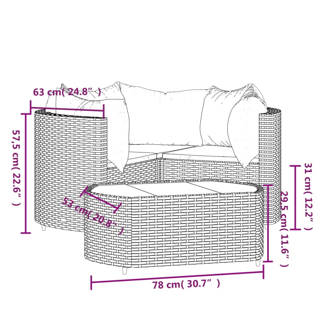 vidaXL 4-delige Loungeset met kussens poly rattan zwart