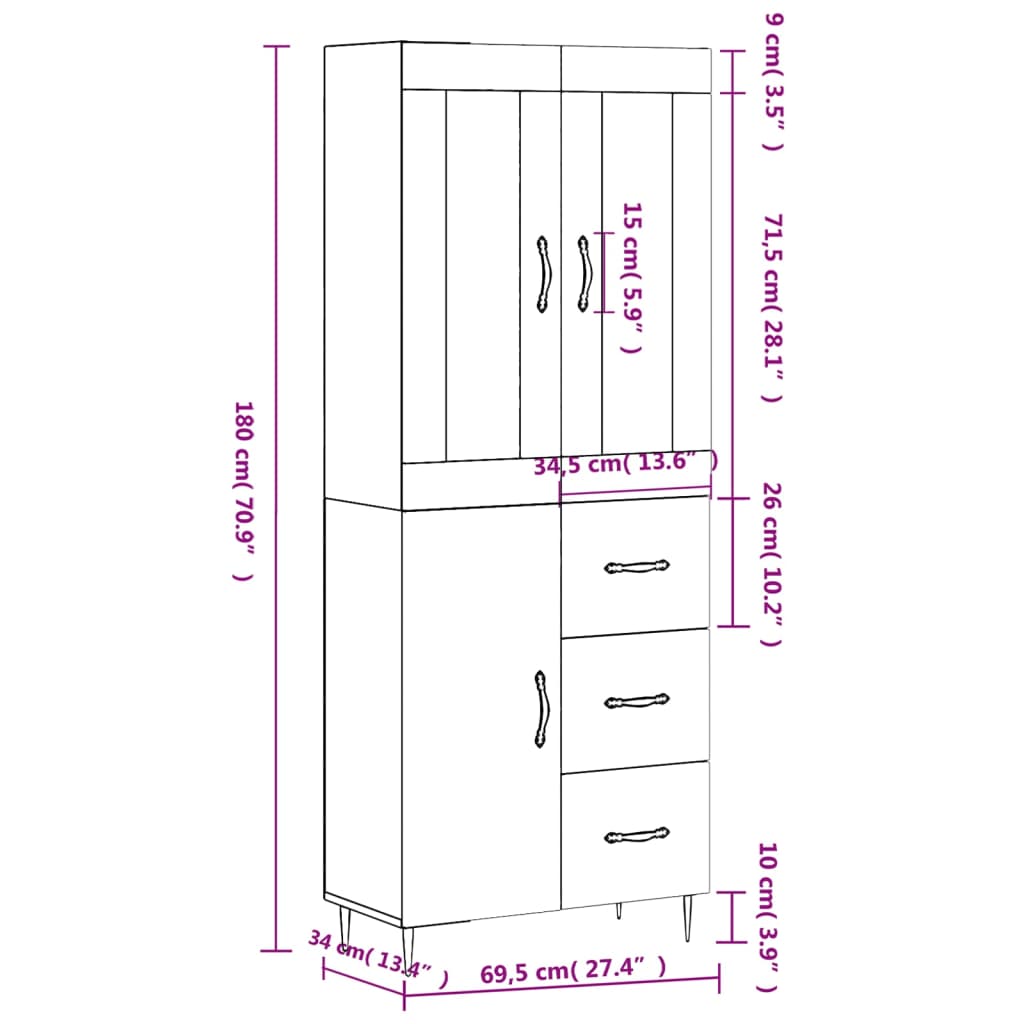 vidaXL Hoge kast 69,5x34x180 cm bewerkt hout grijs sonoma eikenkleurig