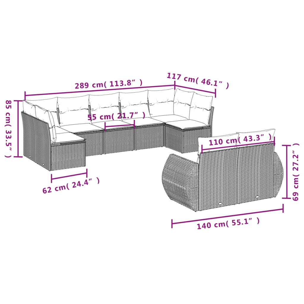 vidaXL 9-delige Loungeset met kussens poly rattan lichtgrijs