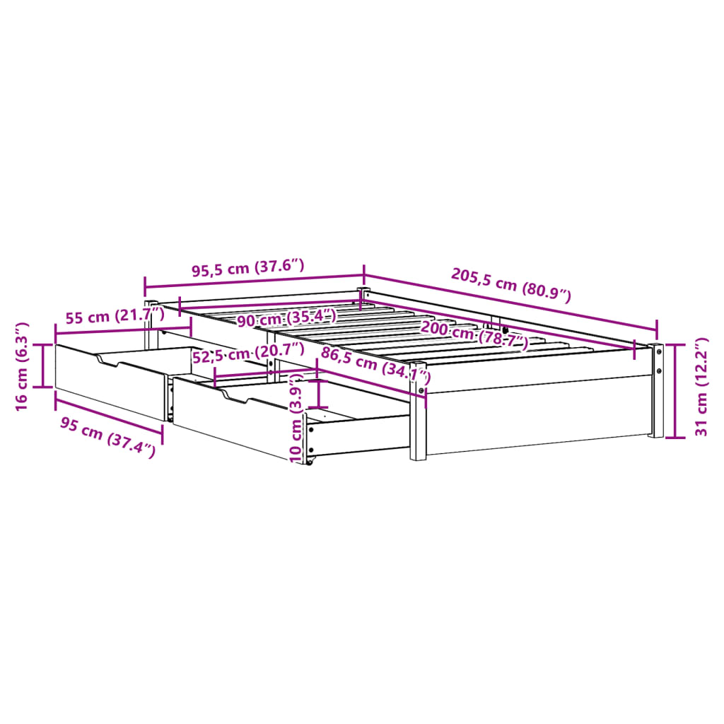 vidaXL Bedframe zonder matras massief grenenhout wit 90x200 cm