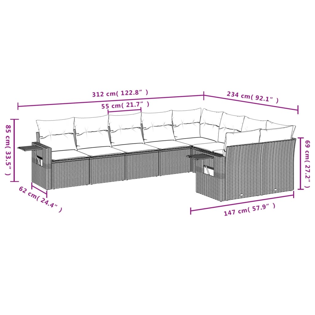 vidaXL 9-delige Loungeset met kussens poly rattan beige