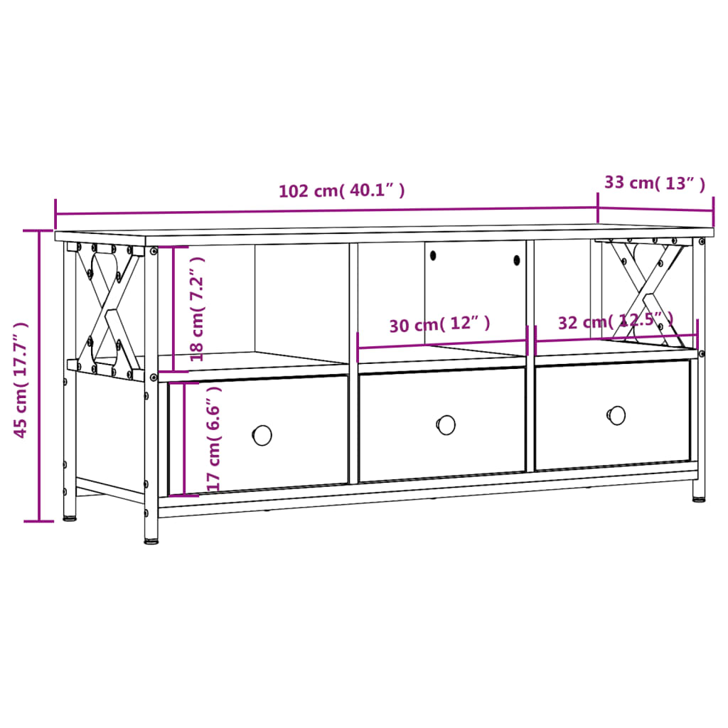 vidaXL Tv-meubel 102x33x45 cm bewerkt hout en ijzer sonoma eikenkleur