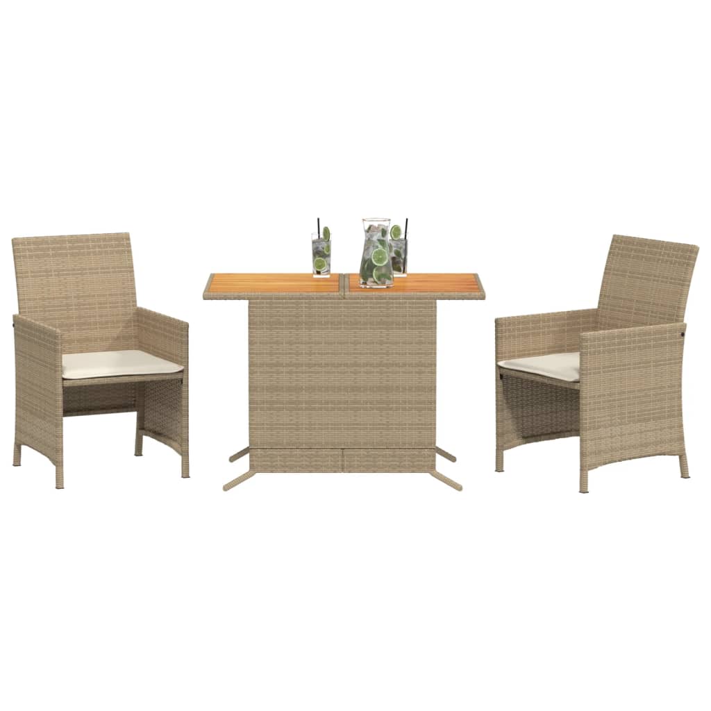 vidaXL 3-delige Bistroset met kussens poly rattan beige