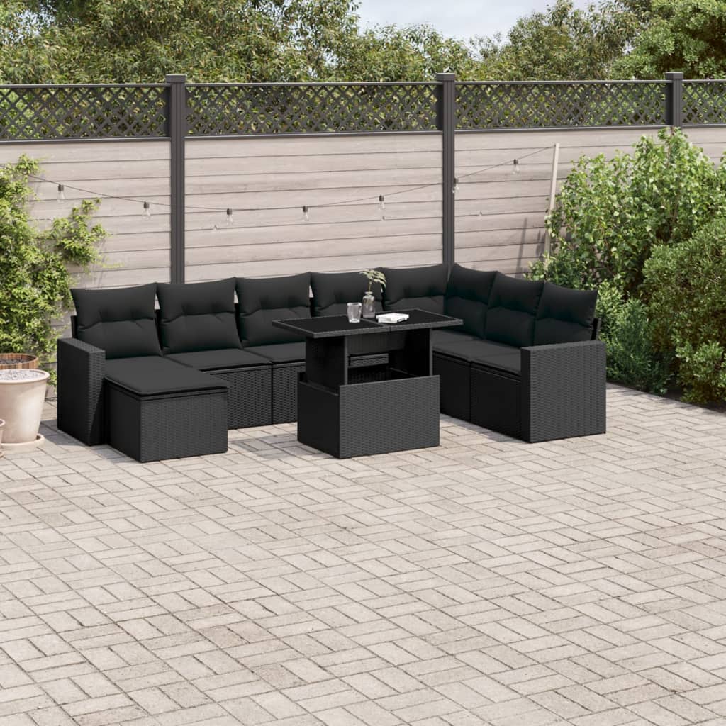 vidaXL 9-delige Loungeset met kussens poly rattan zwart