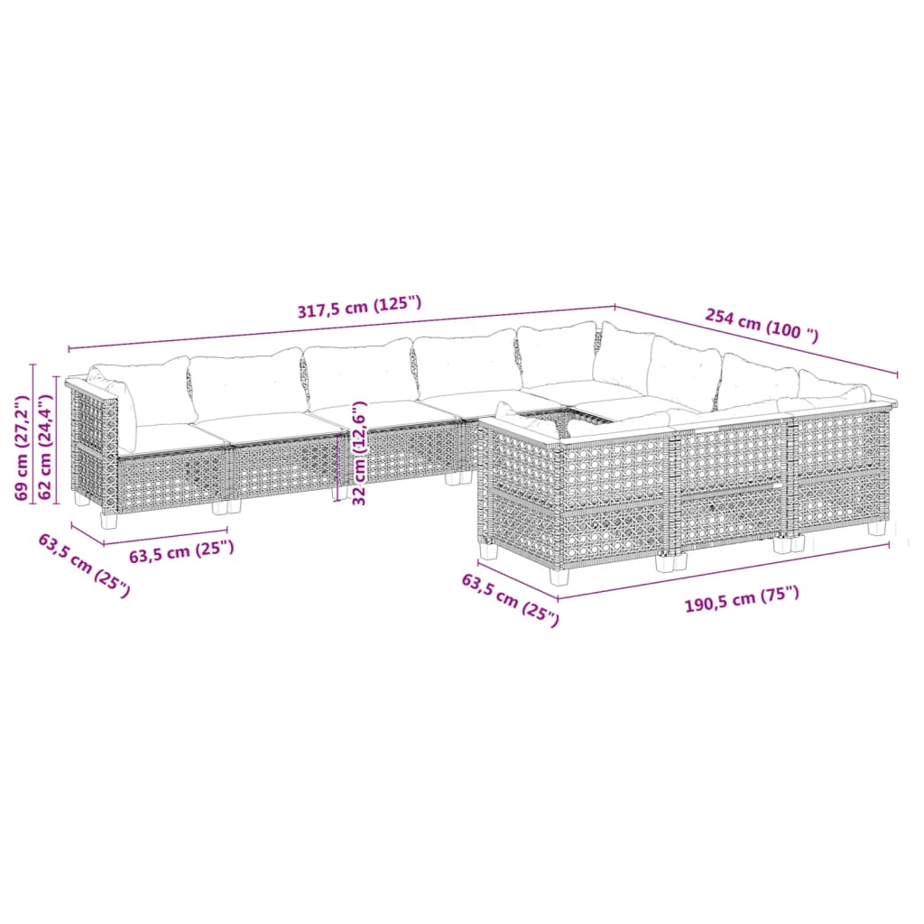 vidaXL 10-delige Loungeset met kussens poly rattan zwart