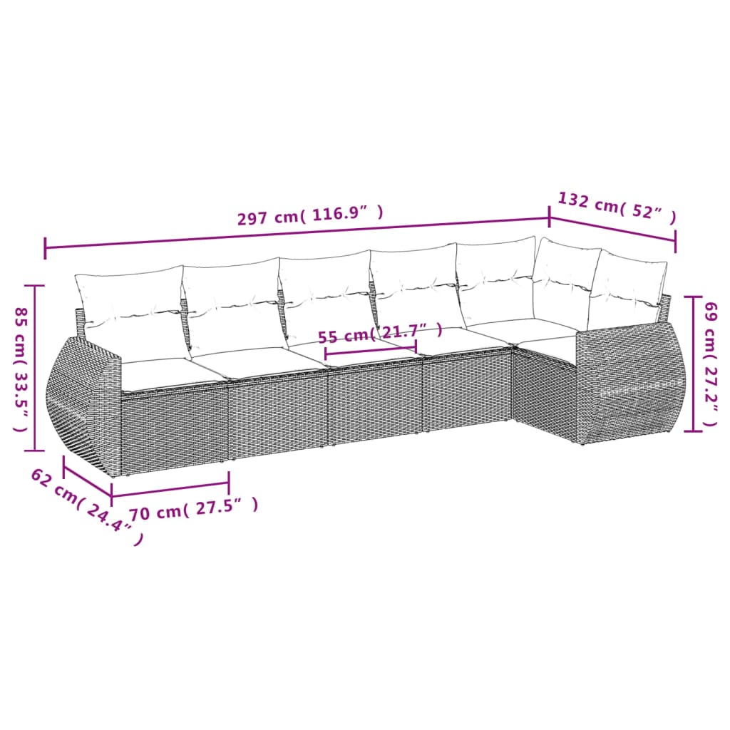 vidaXL 6-delige Loungeset met kussens poly rattan beige