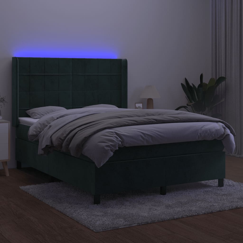 vidaXL Boxspring met matras en LED fluweel donkergroen 140x190 cm