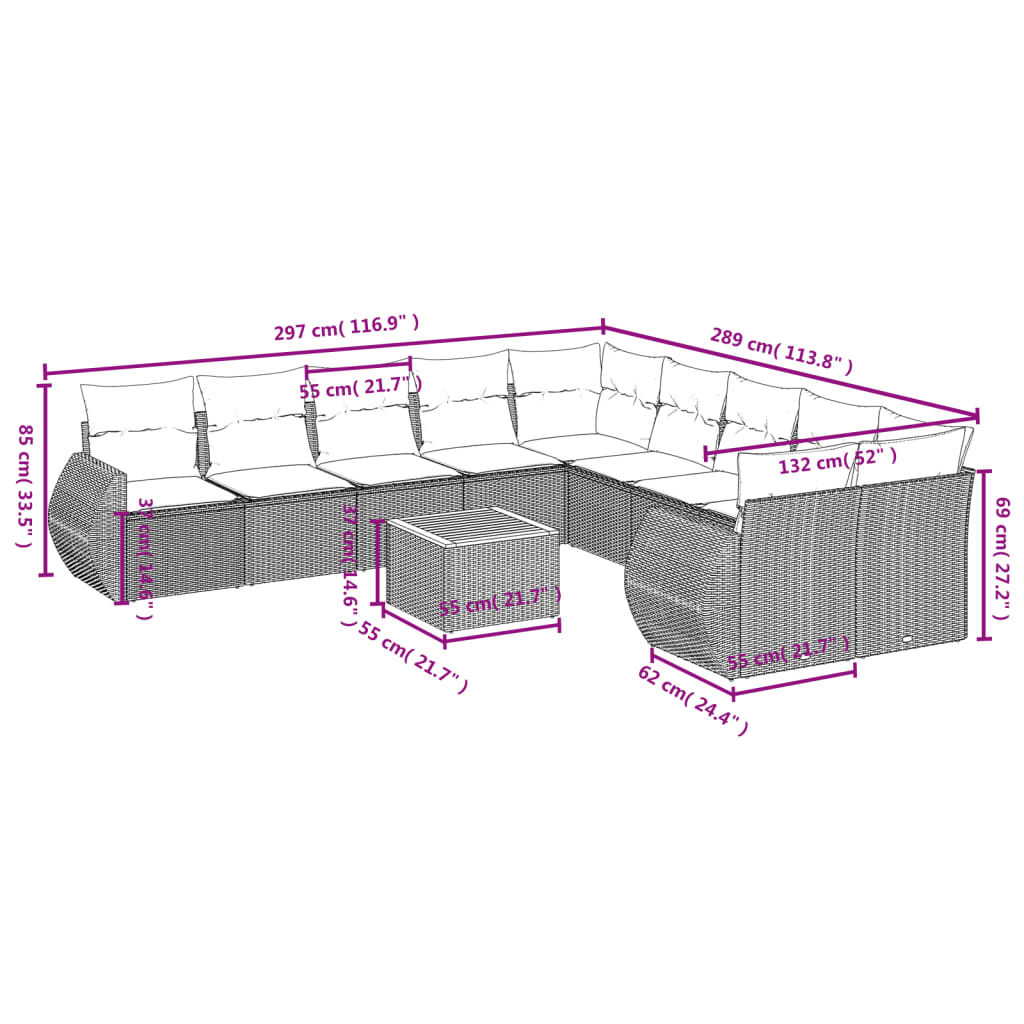 vidaXL 11-delige Loungeset met kussens poly rattan grijs