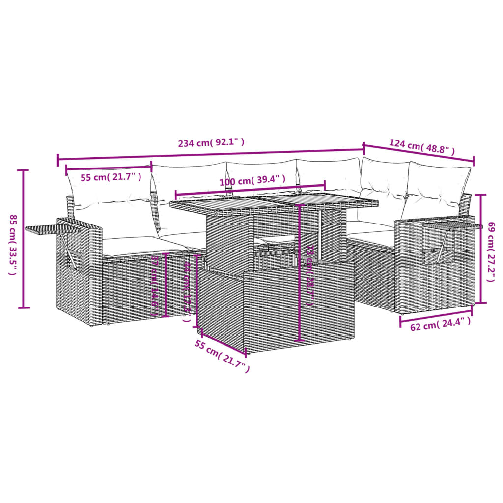 vidaXL 6-delige Loungeset met kussens poly rattan zwart