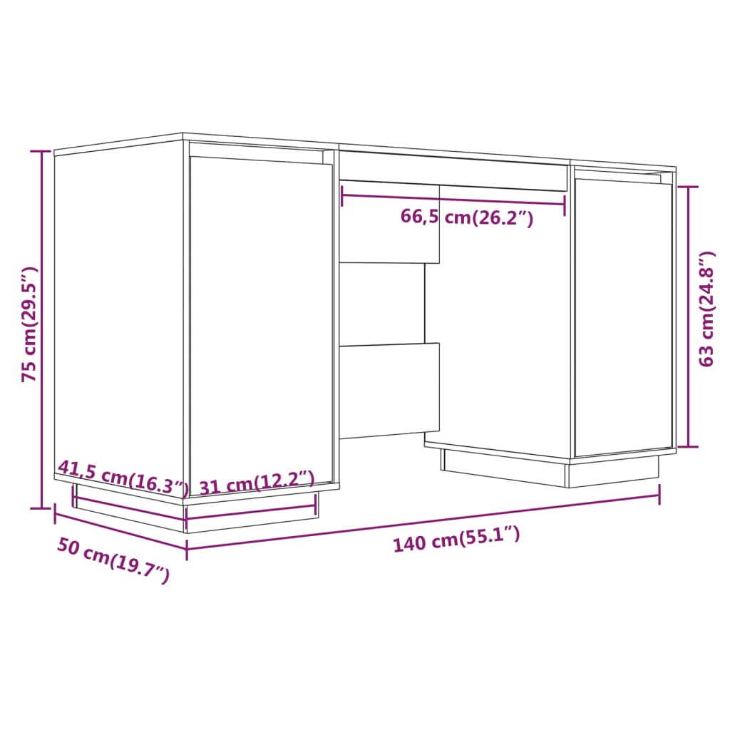 vidaXL Bureau 140x50x75 cm massief grenenhout zwart