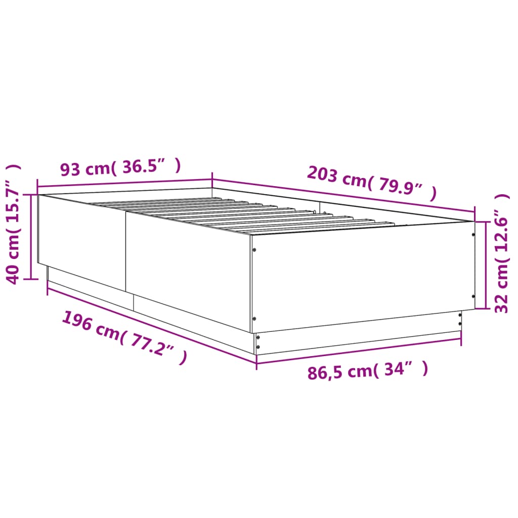 vidaXL Bedframe met LED-verlichting bewerkt hout betongrijs 90x200 cm