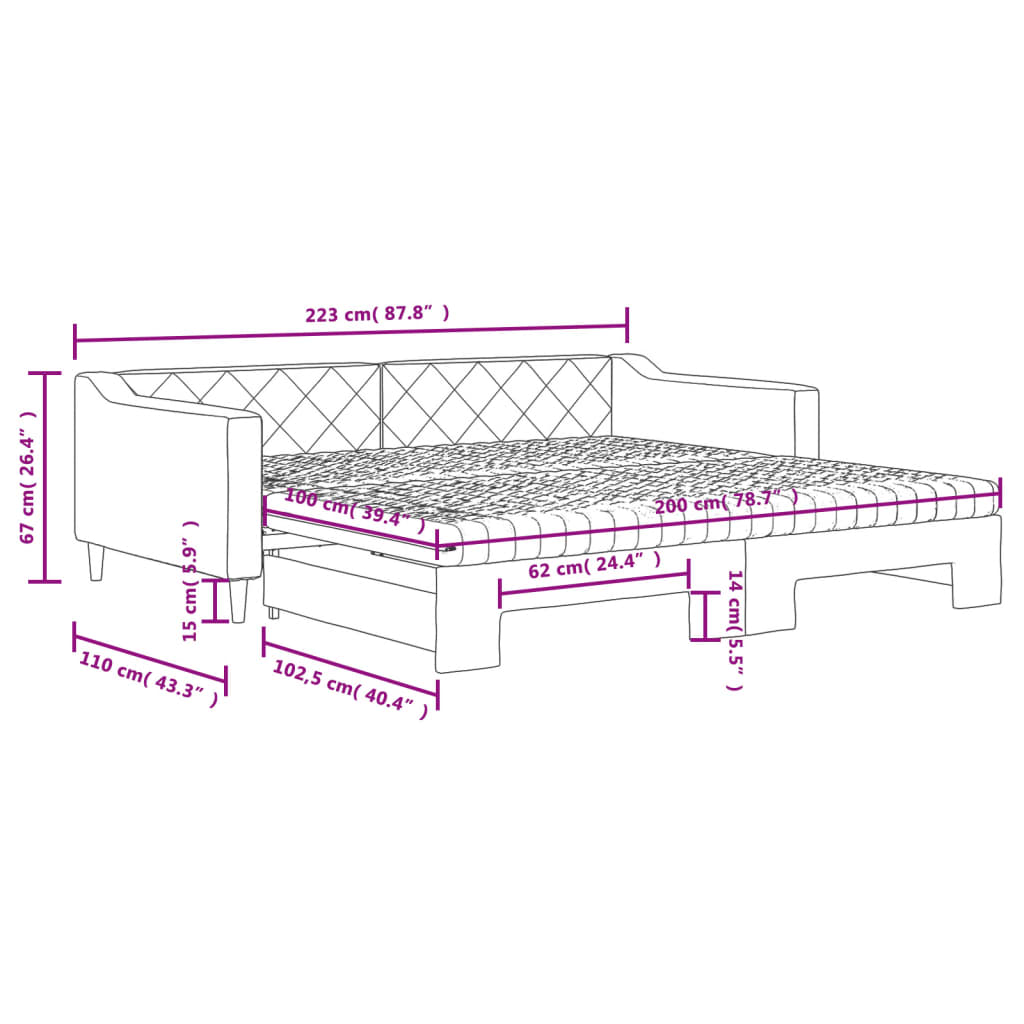 vidaXL Slaapbank met onderschuifbed en matrassen 100x200 cm stof crème