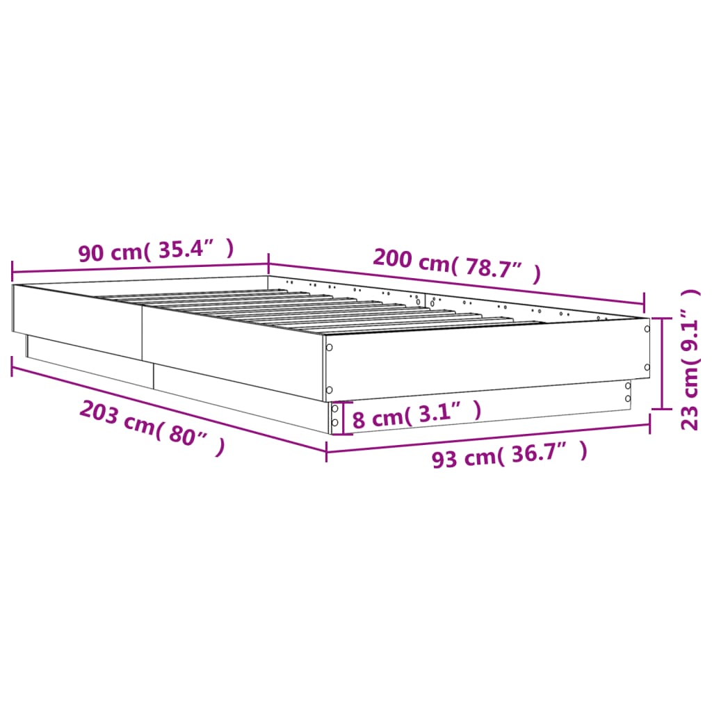 vidaXL Bedframe met LED-verlichting betongrijs 90x200 cm