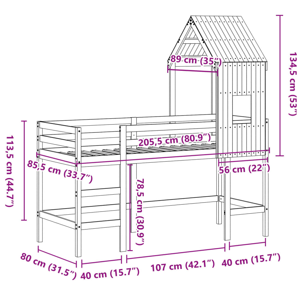 vidaXL Halfhoogslaper met ladder en bedhuis grenenhout 80x200 cm