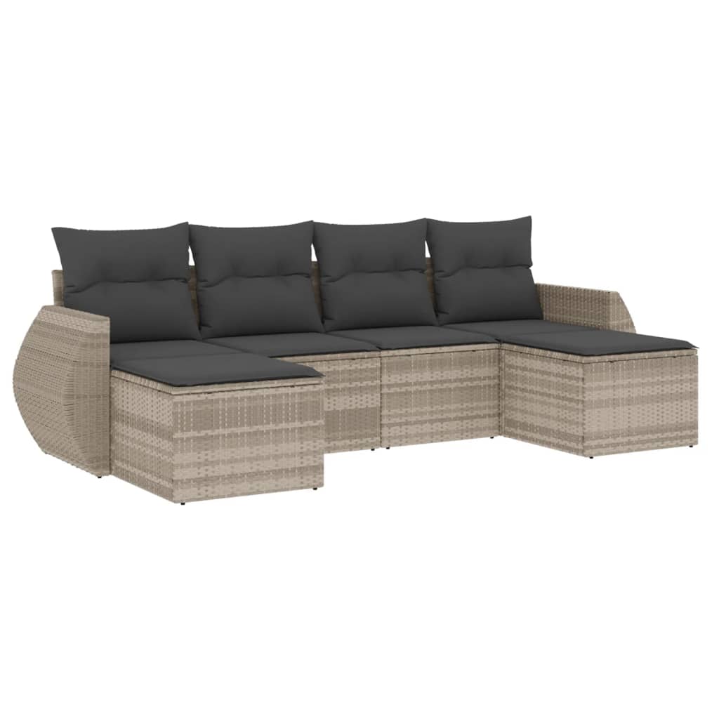 vidaXL 6-delige Loungeset met kussens poly rattan lichtgrijs