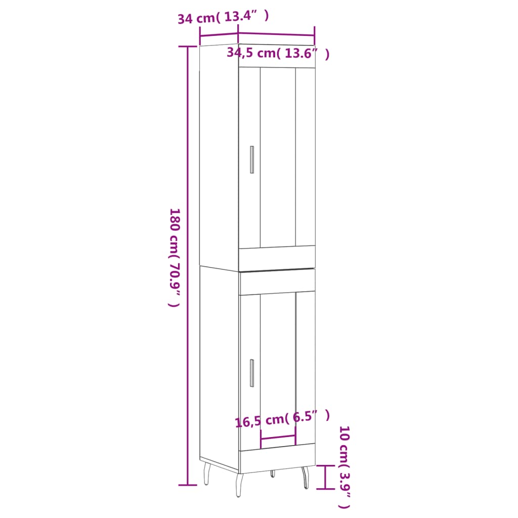 vidaXL Hoge kast 34,5x34x180 cm bewerkt hout bruin eikenkleur