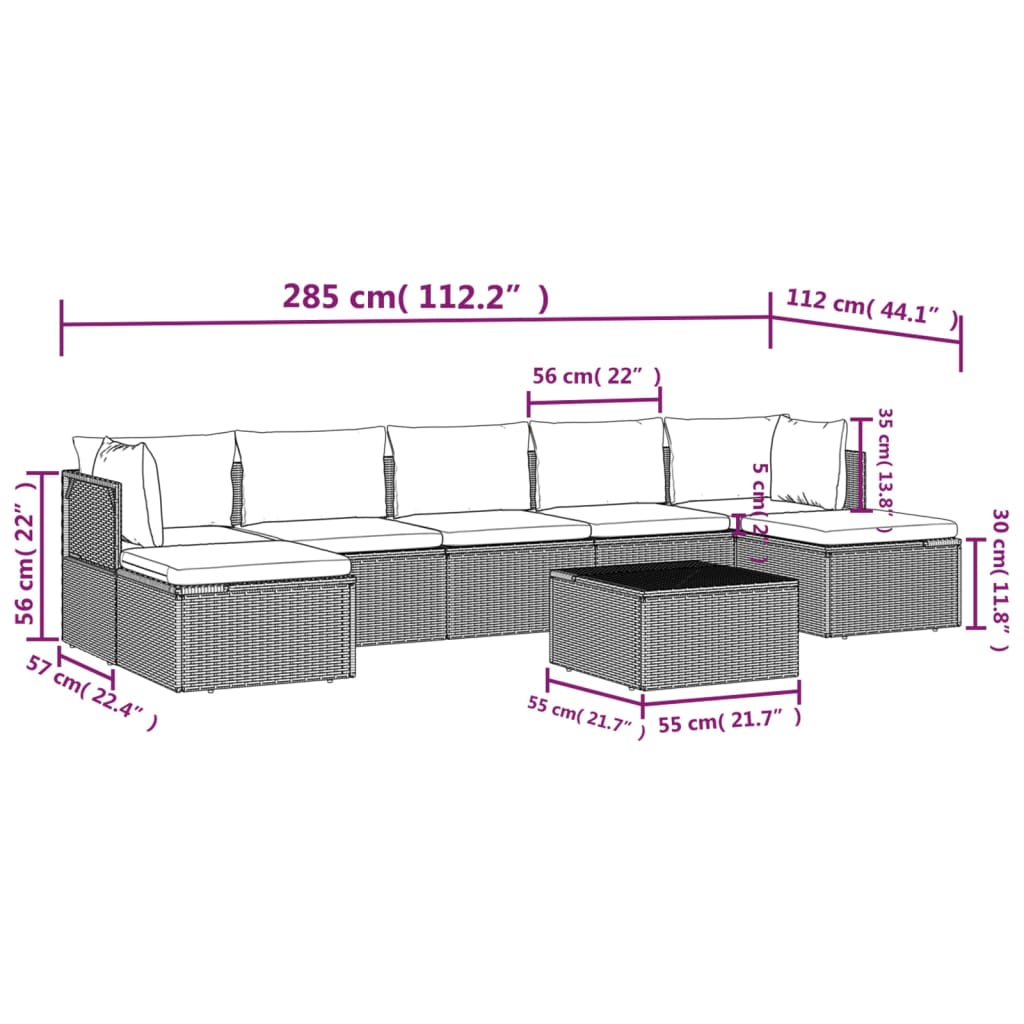 vidaXL 8-delige Loungeset met kussens poly rattan grijs