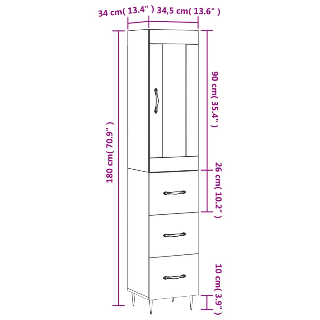 vidaXL Hoge kast 34,5x34x180 cm bewerkt hout betongrijs