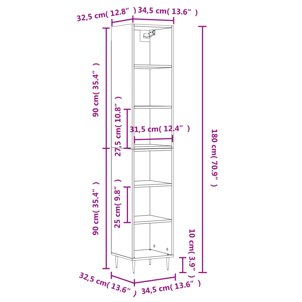 vidaXL Hoge kast 34,5x32,5x180 cm bewerkt hout sonoma eikenkleurig