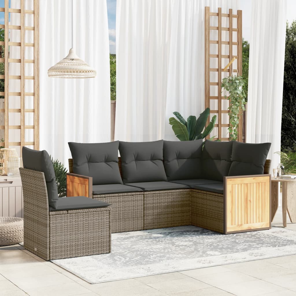 vidaXL 5-delige Loungeset met kussens poly rattan grijs