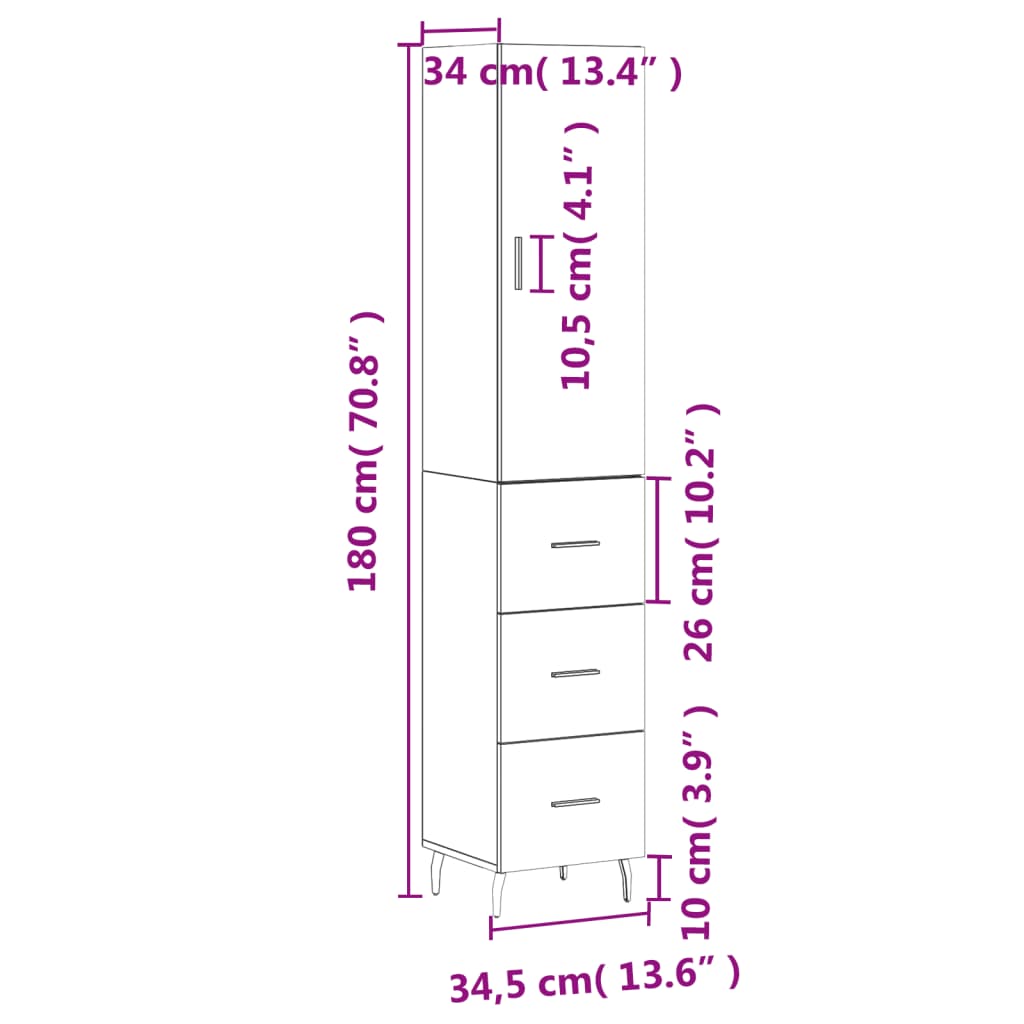 vidaXL Hoge kast 34,5x34x180 cm bewerkt hout betongrijs